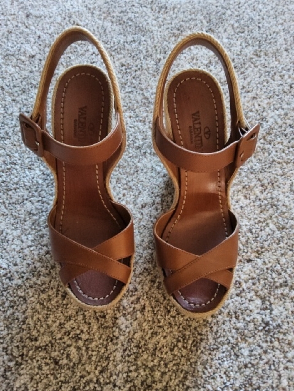 Valentino Brown Leather Slingback/Rope Wedge Sandals